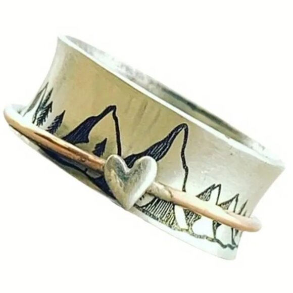 Boho Chic Chunky Bohemian Heart Mountain Wide Band Ring - Silver Electro-Plated - Picture 2 of 4